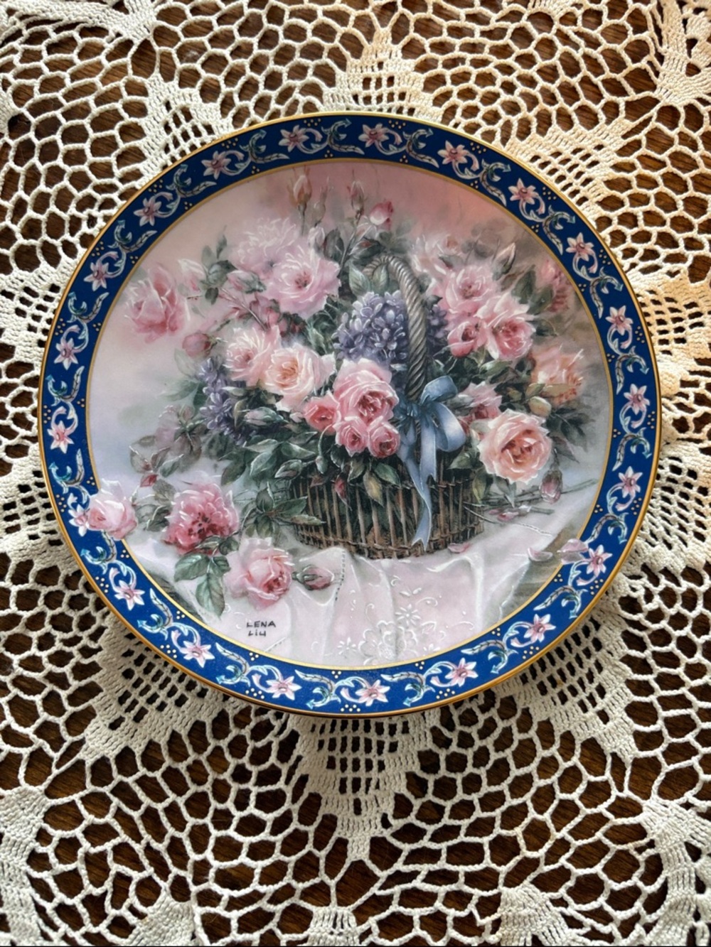 Floral Basket Decorative Collector Plate - Pink Roses on Blue Rim